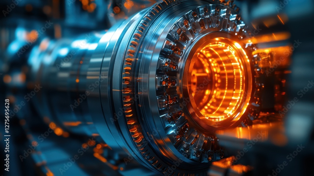 Poster close-up view of futuristic machine component with bright glowing elements in industrial background