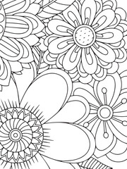 Easy flower coloring book page for adults. black and white floral background