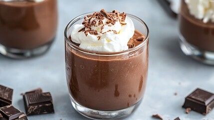 Delicious chocolate mousse dessert with whipped cream and chocolate shavings.