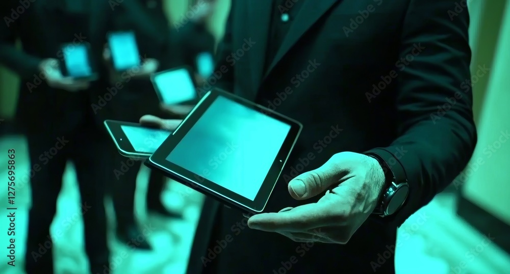 Aufkleber a 3d rendering depicts a businessman connecting tech devices to one another