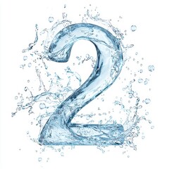 Number 2 made of crystal-clear water splashes with floating air bubbles isolated on a clean white background