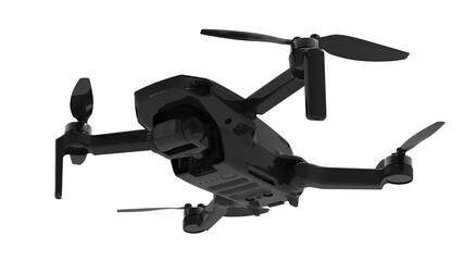 Black drone quadcopter with digital camera and sensors flying isolated on white