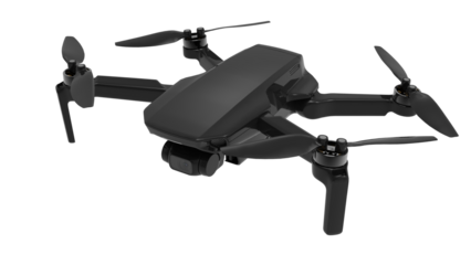 Black drone quadcopter with digital camera and sensors flying isolated on white