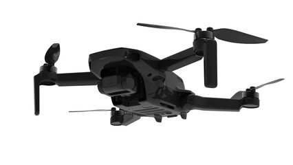Black drone quadcopter with digital camera and sensors flying isolated on white