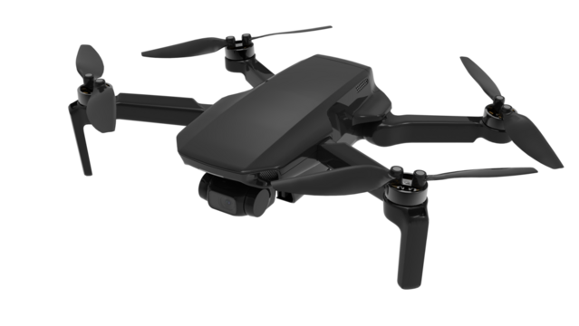 Black drone quadcopter with digital camera and sensors flying isolated on white