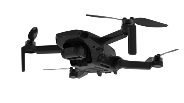 Black drone quadcopter with digital camera and sensors flying isolated on white