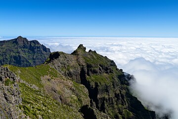 The route from Pico Ruivo to Encumeada on Madeira Island in Portugal, Europe, offers a view of mountains