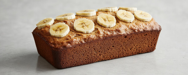 Fresh gluten free banana bread loaf topped with sliced bananas, perfect for healthy snack or breakfast option. Enjoy moist texture and delightful flavor