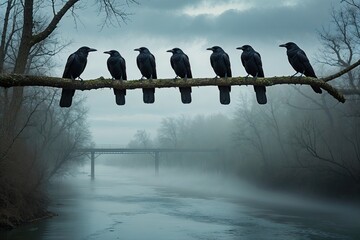 Crows Resting on Tree Branches Over a Misty River Beneath a Dramatic Sky