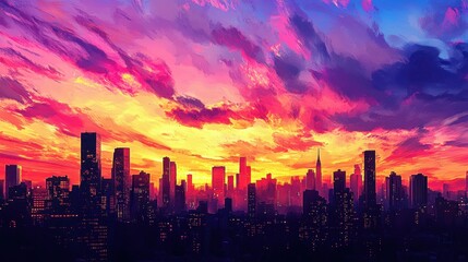 Fototapeta premium Vibrant Cityscape Sunset: A Breathtaking Panorama of Urban Beauty
