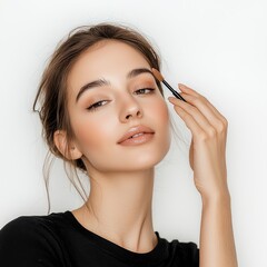 Fototapeta premium Confident young woman applying makeup, beauty and skincare, isolated on white