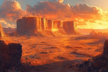 Majestic sandstone buttes bathed in the fiery hues of a breathtaking sunset in a vast desert landscape.