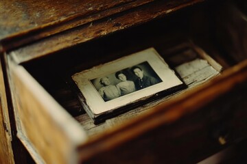 A vintage family photograph rests in an old drawer, evoking nostalgia and a connection to treasured memories and history.