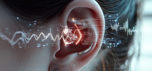 The ear of a young woman is shown in a hearing test utilizing sound wave simulation technology