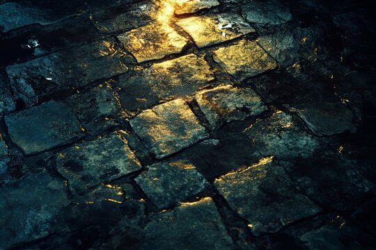 Wet, reflective cobblestones gleam under a warm light, inviting nostalgia and echoing stories of the past in its earthy texture.