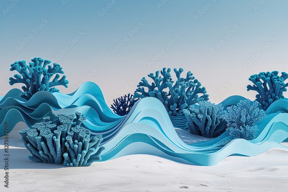 Poster cyan and coral 3d wave structures on a bold background modern design