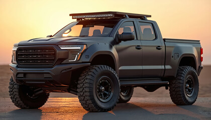 Black off-road pickup truck equipped with solar panel roof. Large wheels, tires, rugged suspension, good ground clearance. Modern, powerful vehicle for automotive, transportation, off-the-grid