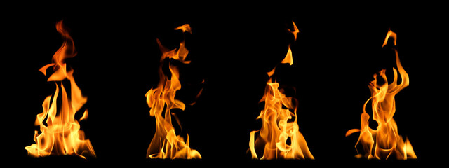Abstract flames collection isolated on black background. Flames on black background. Concept of burning effect texture. Graphic design. Bonfire. Flames at night. Flame effect with burning fire.
