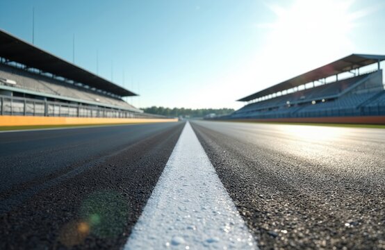 Low angle shot of empty race track with white line in center, stadium seats on background. Motorsports arena for car racing, tournament with grandstands.