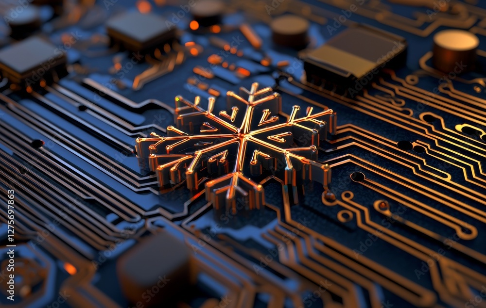 Poster a digital illustration of a microchip board in the shape of a snowflake set against a blue backdrop 