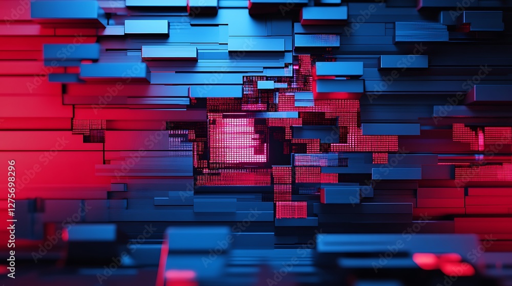 Poster abstract 3d rendering of blue and red blocks. futuristic, technological background.