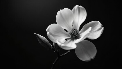 Obraz premium Stunning artistic black and white photo captures magnolia flower bloom on dark background. Blossom has petals detail. Elegant monochrome image shows graceful plant, central stigma, soft texture.