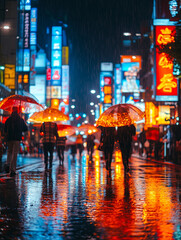 A nighttime urban scene with people walking under umbrellas in the rain, reflecting colorful neon lights on the wet pavement.