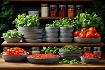 A vibrant display of fresh herbs and tomatoes arranged in bowls, showcasing a bountiful selection of ingredients for cooking and healthy eating.