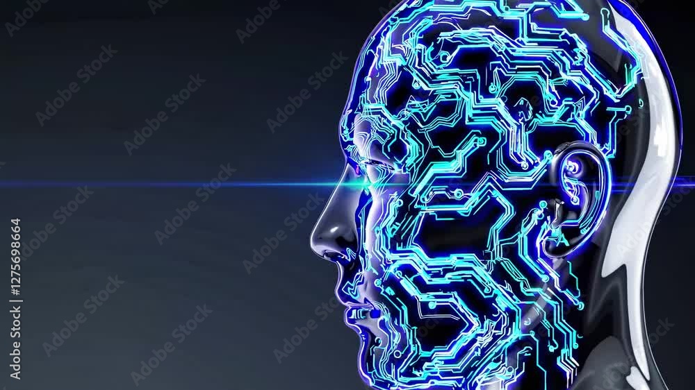 Aufkleber side profile of a futuristic humanoid with circuit patterns, captured in a close-up angle, evoking a