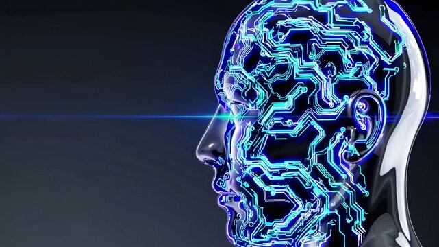 Side profile of a futuristic humanoid with circuit patterns, captured in a close-up angle, evoking a sci-fi video game aesthetic.