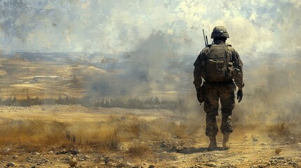 Solitary Soldier in a Dusty Battlefield