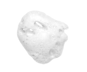 Liquid white foam from soap, shampoo or bath foam. Abstract soap bubbles. Set of soap bubbles. Separated soap bubbles on white background with contrasting texture.
