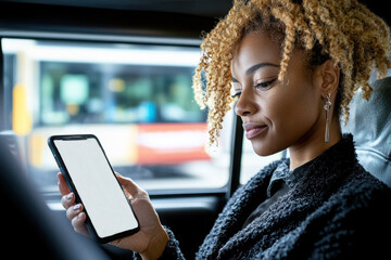A woman with curly hair is seated in a vehicle, intently looking at her blank smartphone, surrounded by urban scenery.
