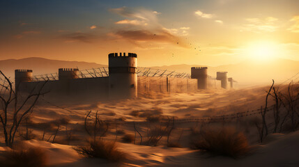 Fototapeta premium Mysterious landscape shrouded in mist, ancient ruins emerging from fog, golden sunrise casting soft light, tranquil atmosphere.