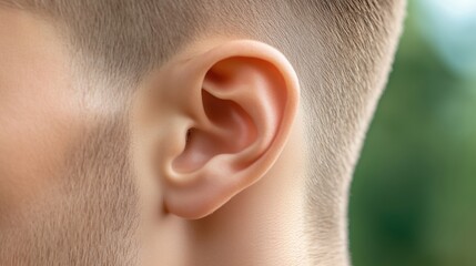 Close-up of male ear with short hair and blurred green background. Medical and hearing concept