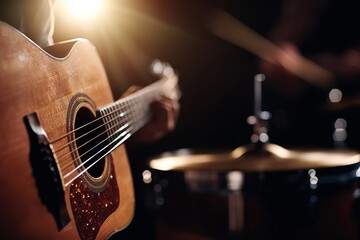 Fototapeta premium The Studio microphone captures an acoustic guitar from a close distance, set against a stunning blurred backdrop of vibrant colored lanterns
