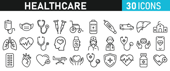 Healthcare set icons for web. Medicine and Health Care linear icon collection. Containing, Stethoscop, emergency, doctor, treatment, medical, report, diagnosis, health, prevention, patient