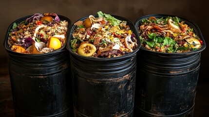 Colorful food waste in three bins showcasing the impact of food waste on the environment