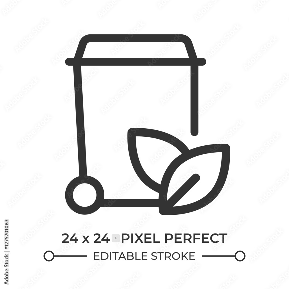 Poster trash can with leaves line ui icon. sustainable waste management. litter recycling process. garbage 