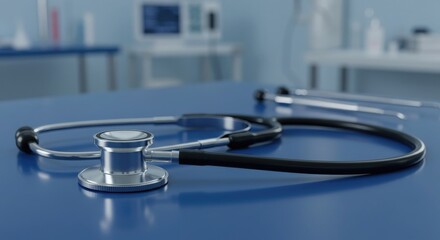 Stethoscope on Blue Exam Table in Clinic Setting Healthcare Concept