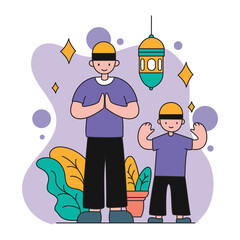 man and boy with lantern ramadan kareem vector illustration design