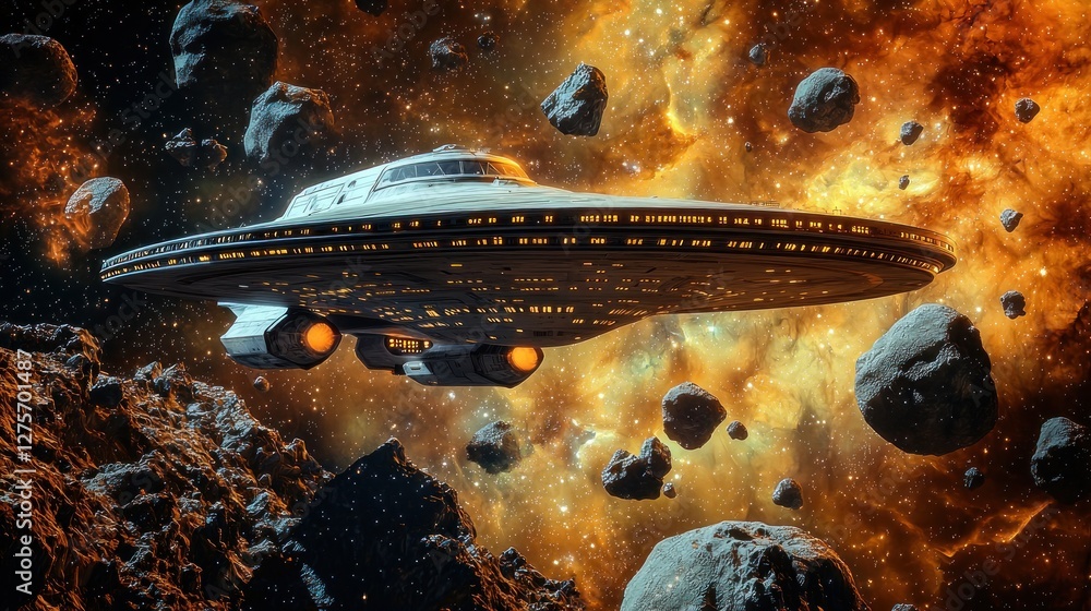 Poster spaceship navigating through asteroid field in nebula