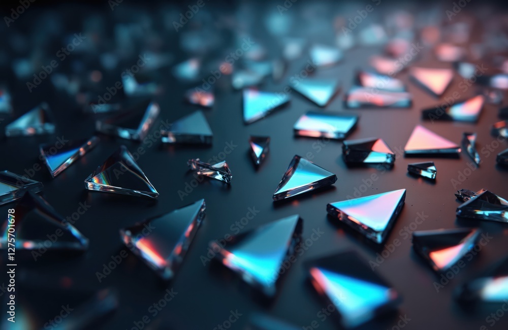 Poster Reflective triangular shards scattered on dark surface create an abstract trendy tech background. Geometric crystal shapes with light glow, shimmer. Minimal futuristic elegant premium style.