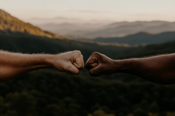 A man is giving a fist bump set against a backdrop of a sunrise in nature, symbolizing the power of teamwork in a vintage tone