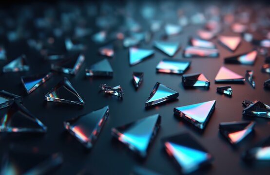 Reflective triangular shards scattered on dark surface create an abstract trendy tech background. Geometric crystal shapes with light glow, shimmer. Minimal futuristic elegant premium style.