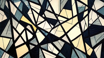 Fototapeta premium Abstract Geometric Artwork: Interlocking Triangles and Rectangles in Hues of Blue, Beige, and Black