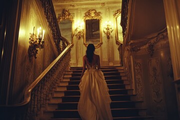 A woman in an elegant gown ascends a grand, ornate staircase, bathed in golden, ambient light, evoking a sense of timeless elegance and mystery.