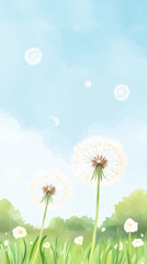 Dandelion seeds floating in gentle breeze under blue sky