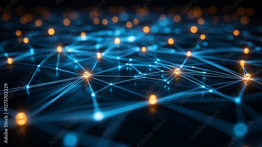 Poster glowing network, abstract technology background interconnected nodes and lines on dark blue
