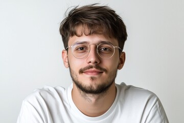 Obraz premium The image features a handsome young Caucasian man standing out against a grey background, dressed in a white t-shirt and wearing round eyeglasses, with a positive smile as he faces the camera